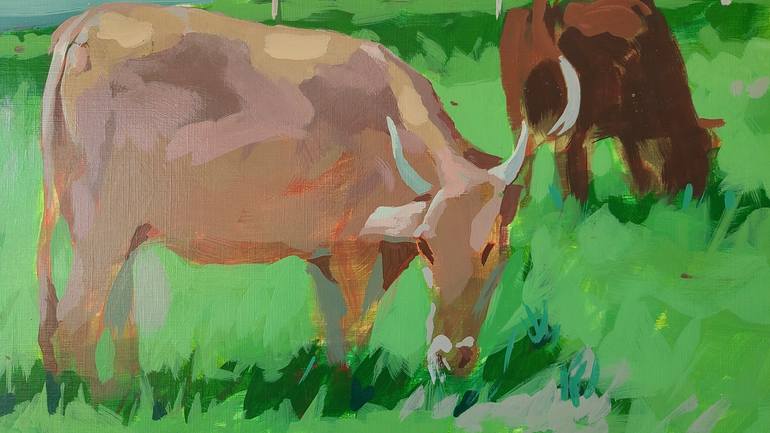 Original Fine Art Cows Painting by bg lee