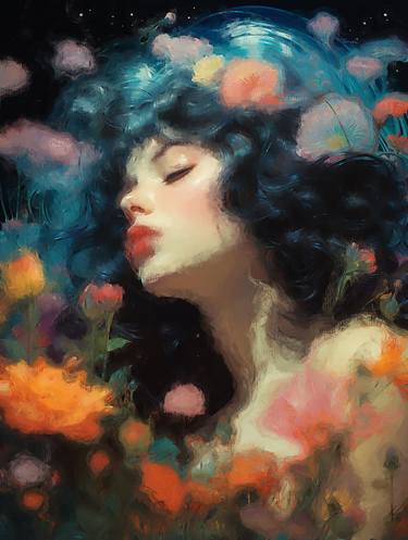Peaceful Beautiful GirlChromolithography Floral Style Digital Art thumb