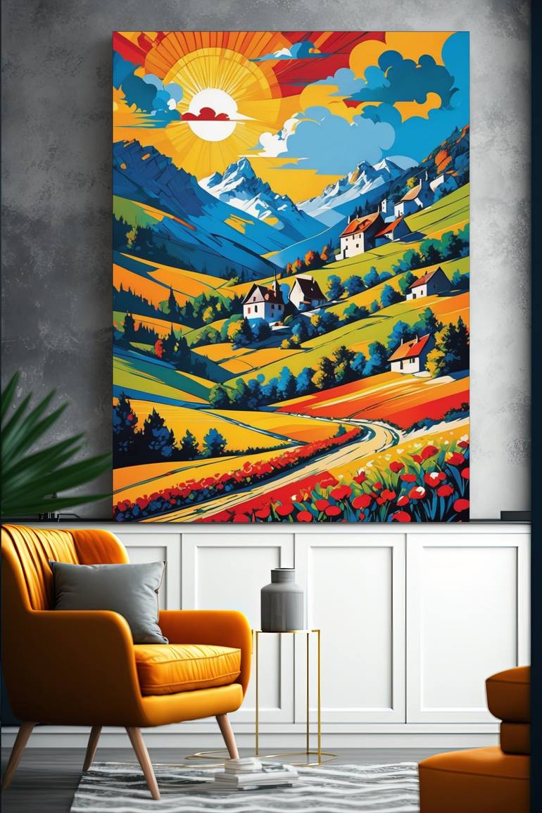 Journey To The Village: A Majestic Mountain Landscape Painting By Elina 