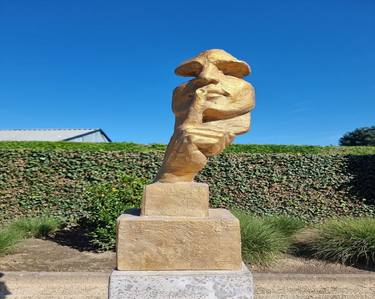 Man asks silence - Gold colored bust - Whispering Male thumb