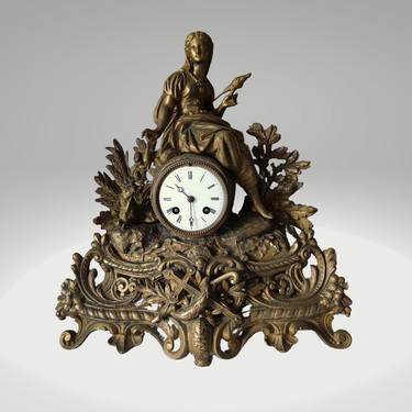 Vintage mantel clock adorned with seated girl sculpture Antique thumb