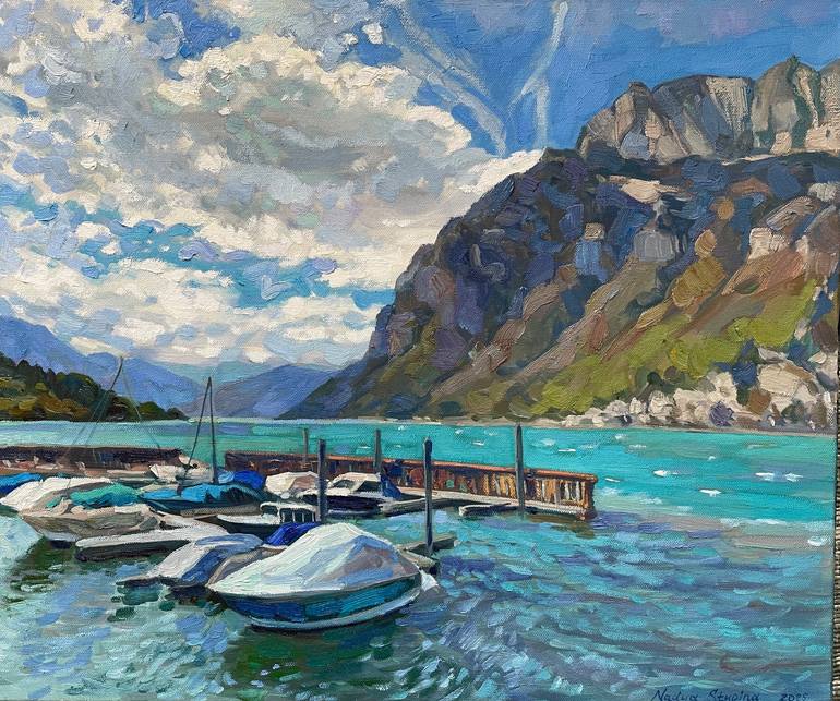 Original Landscape Painting by Nadezda Stupina | Impressionism Art on Canvas | Turquoise of the Walensee lake.