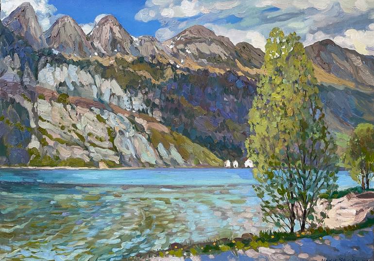 Original Landscape Painting by Nadezda Stupina | Impressionism Art on Canvas | Spring day at the Walensee lake