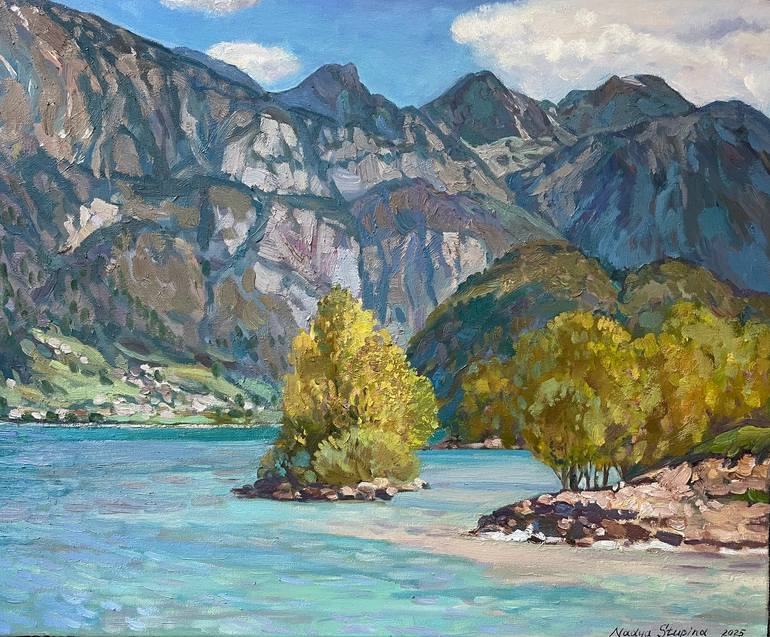 Original Landscape Painting by Nadezda Stupina | Impressionism Art on Canvas | Spring idyll on the Walensee lake