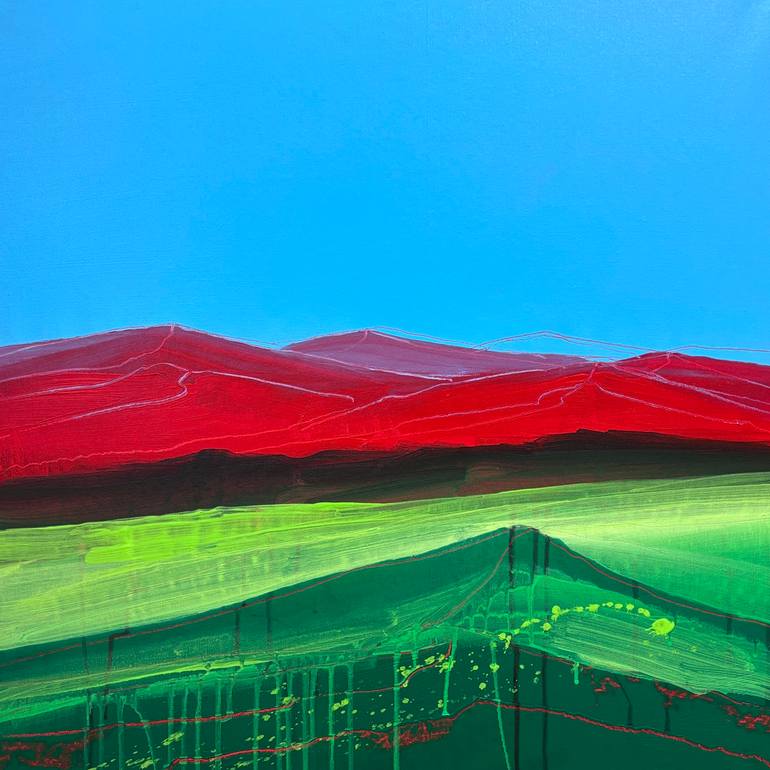 Lush Summer / 9 – Vibrant Red Mountains and Emerald Green Original Painting by helen mount