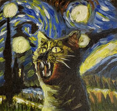 screaming cat on a starry night thumb