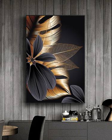 Black Golden Plant Leaf Canvas Poster Print Modern Home Decor thumb