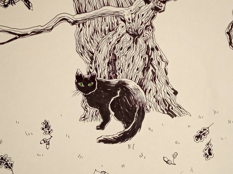 Original Black & White Cats Drawing by Daria Riabinina