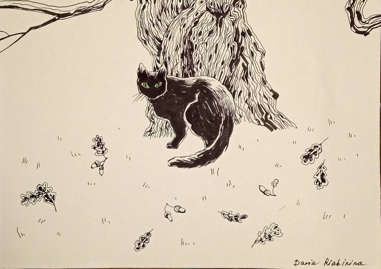 Original Black & White Cats Drawing by Daria Riabinina