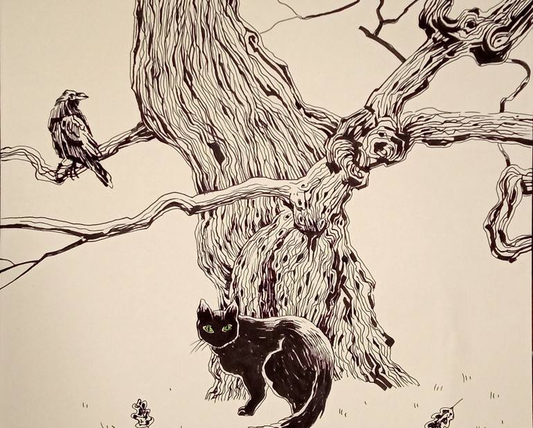 Original Black & White Cats Drawing by Daria Riabinina