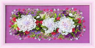 Panel of ribbons "Roses and white peonies on a pearl purple" thumb
