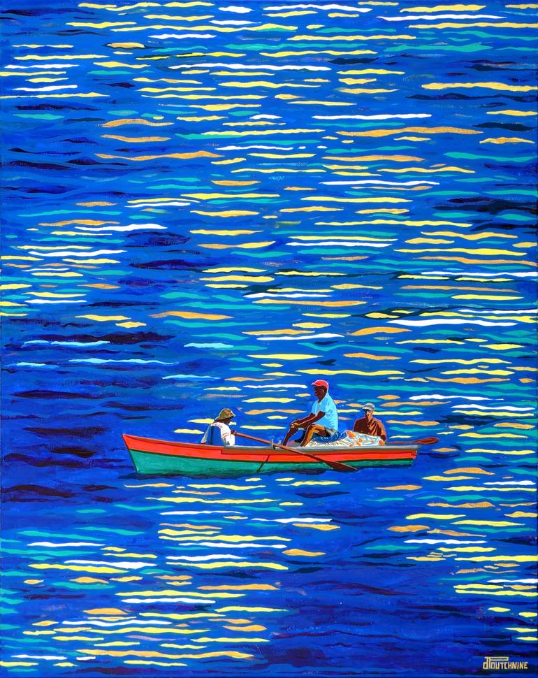 Original Seascape Painting by Pascal Poutchnine | Figurative Art on Canvas | Caribbean Fishermen, Golden Sun (Pecheurs caribeens, soleil dore)