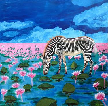Zèbre dans un champ de lotus roses / Zebra in a pink lotus field thumb