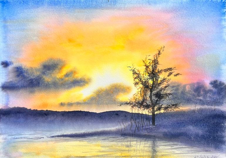 Original Landscape Painting by Maria Kozyr  Illustration Art on Paper  Sunset