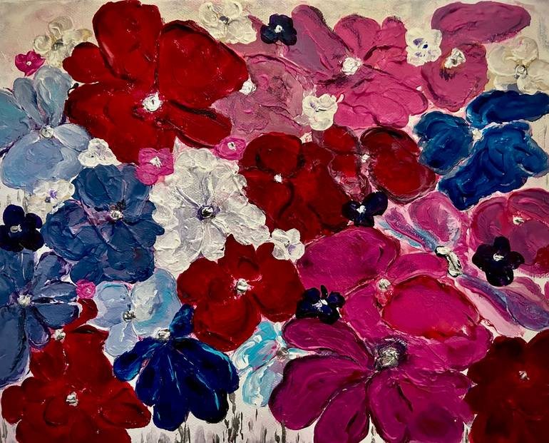 Original Floral Painting by Violeta Allaberdieva | Contemporary Art on Canvas | Textured Acrylic Floral Painting in Red, Blue and Fuchsia