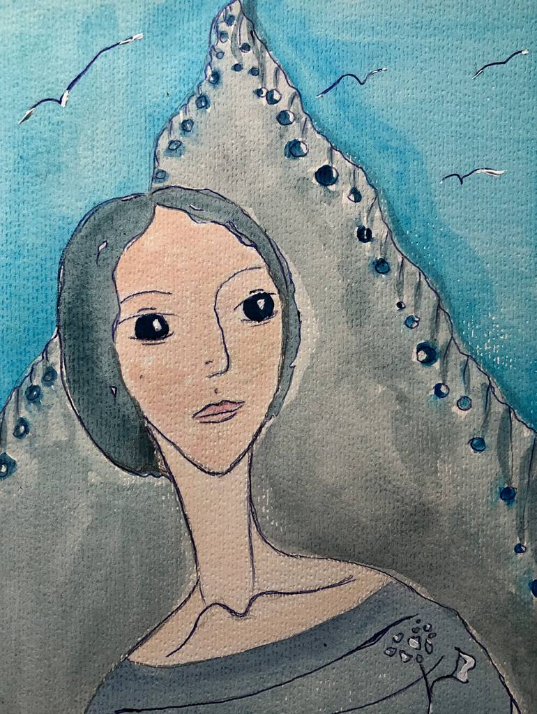 Original People Painting by Violeta Allaberdieva | Romanticism Art on Paper | Blue portrait of a woman on paper