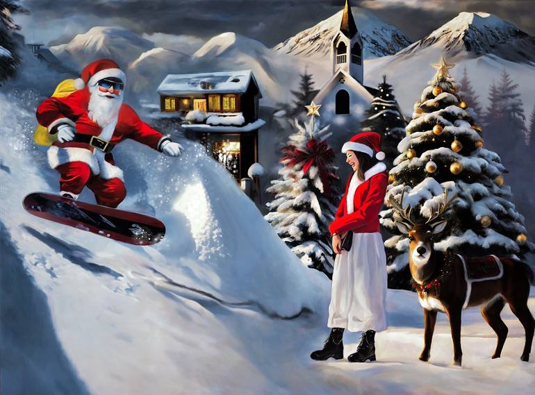 Santa Claus snowboarding Digital by Michele Phoenicia Saatchi Art