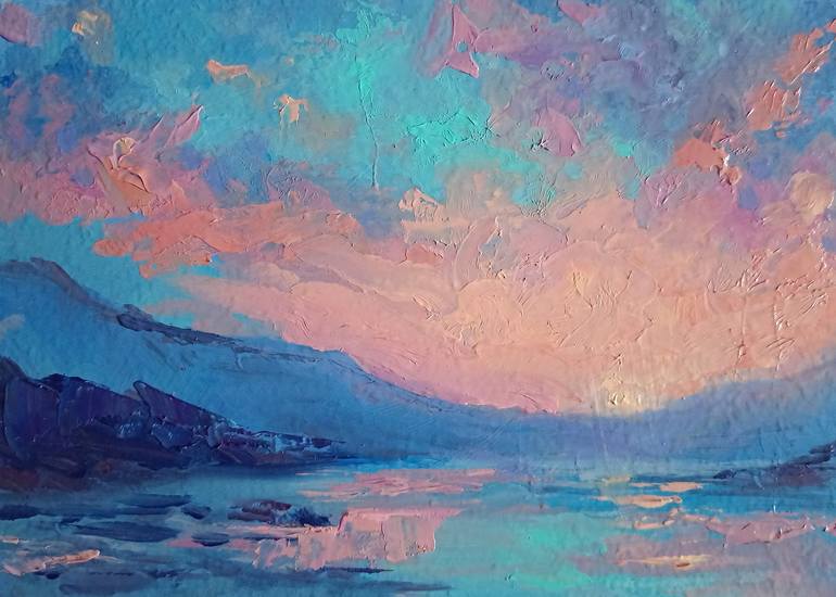 Original Abstract Painting by Jamila Rasulzada | Abstract Art on Hardboard | Sunset Over the Lake