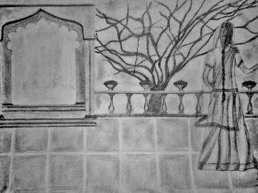 Waiting For You | A Woman on a Balcony |  A Charcoal Sketch thumb