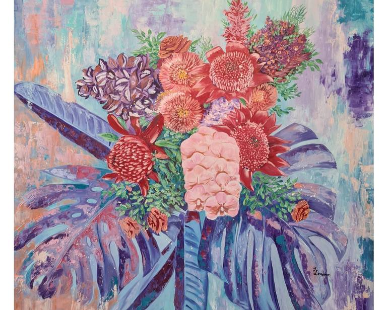 Original Floral Painting by Iryna Litosh | Abstract Expressionism Art on Canvas | Tropical Flowers in Purple and Violet-Pink