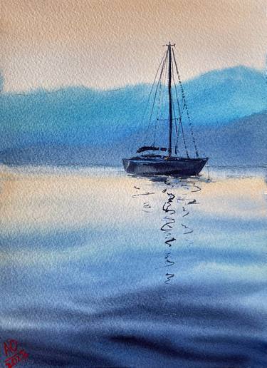 Floating to the dreams - original watercolour blue boat seascape thumb