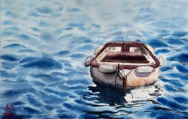 Lonely boat - original blue sea waves boat watercolour seascape thumb