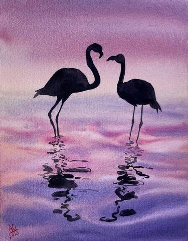 Reunion after a long separation - original pink flamingos sunset thumb