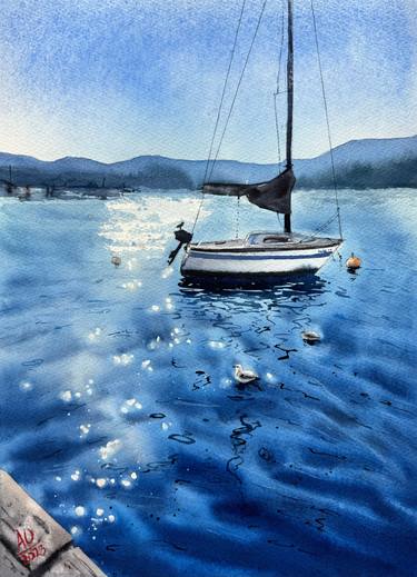 Sunny morning on Zurich lake - original watercolor blue bright thumb