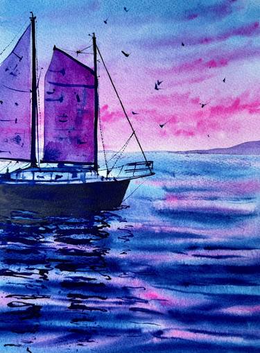 Twilight Voyage - bright pink sea sunset boat dawn watercolor thumb