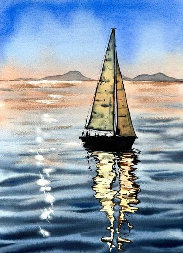 Setting Sail At Dawn - original blue sea sunrise watercolor thumb