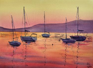 Yachts at dawn - original Croatian boat sea bright watercolor thumb