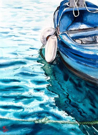 Sicilian boat - original blue bright sunny sea watercolor thumb