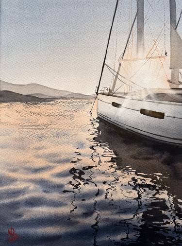 Boat at sunset - original bright yacht romantic watercolor thumb