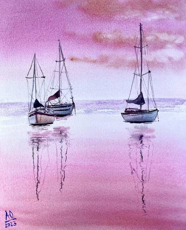 Ships at Pink Dawn - original watercolor water bright thumb