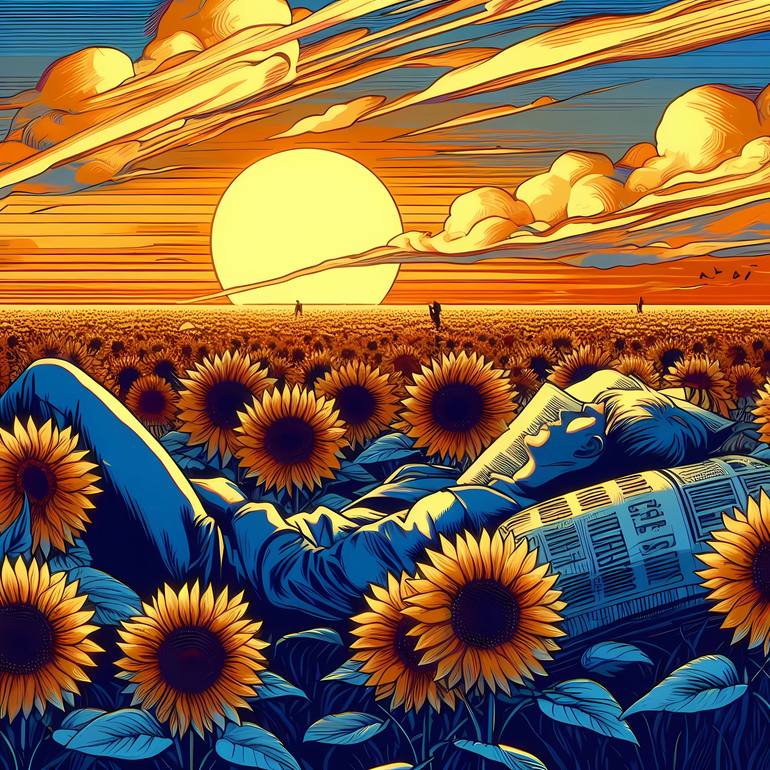 Falling Sleep at Sunset in a Sunflower Field - Print