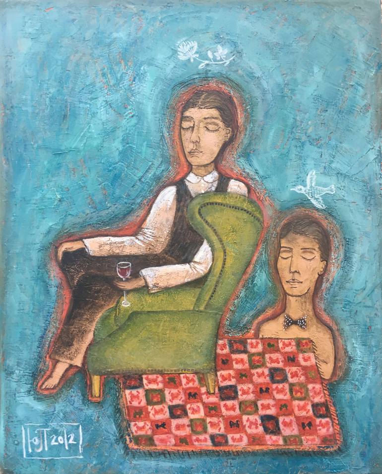 Original Men Painting by Jj Julia | Figurative Art on Canvas | A Glass of Wine.
