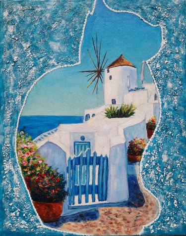Santorini landscape with windmill "Bliss in Blue and White" thumb