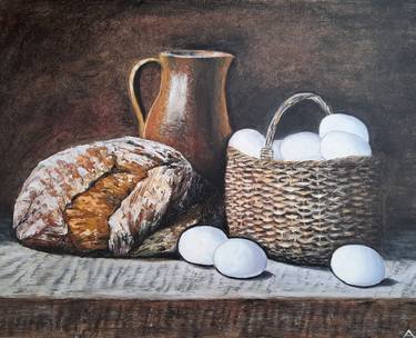 Still life with eggs, bread and a milk jug thumb