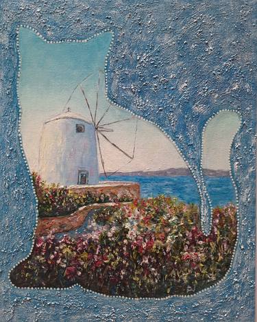 Greek landscape with windmill inside of a cat shape "Blue Dream" thumb