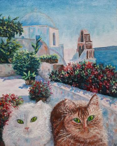 Santorini landscape with two cats "Back in Eden" thumb