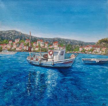 Mediterranean seascape with a boat "Happy Blue" thumb