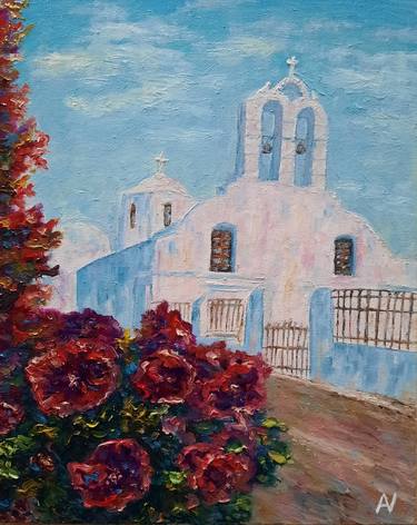 Blooming Greece - landscape with a white church and red flowers thumb