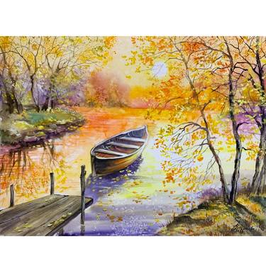 Autumn landscape with a boat thumb