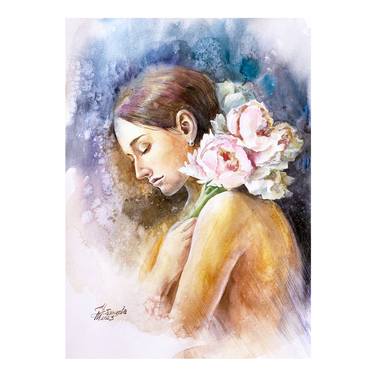 Girl with peonies watercolor painting thumb