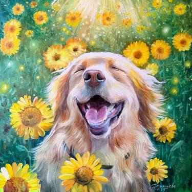 The Joy of a dog, original oil painting.  Painting with a dog thumb