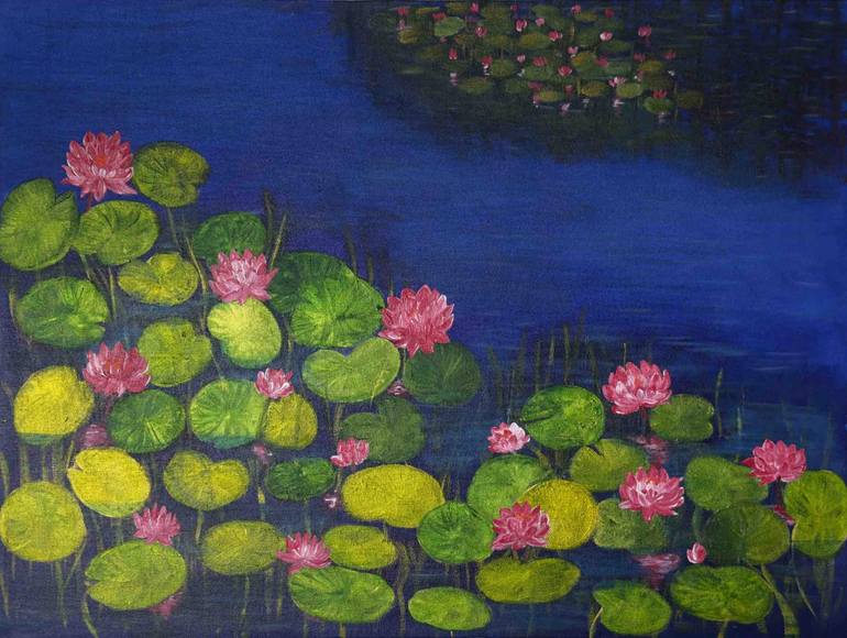Original Floral Painting by Shakuntala Rkrishnaiii | Abstract Art on Canvas | Whispers of a Blue Lily Pond