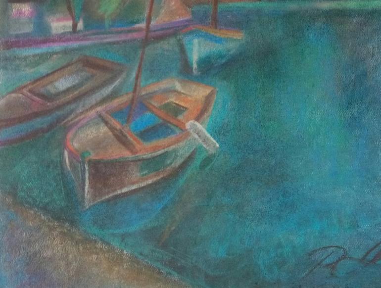 Original Fine Art Boat Painting by ROUMIANA SEKOULOVA