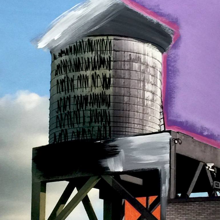 Original Landscape Mixed Media by Gail Garcia | Contemporary Art on Acrylic | Water Tower Lavender Sky