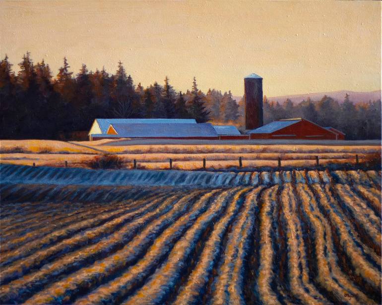 Original Landscape Painting by Sandra Bryant | Realism Art on Hardboard | Sunset on the Fields