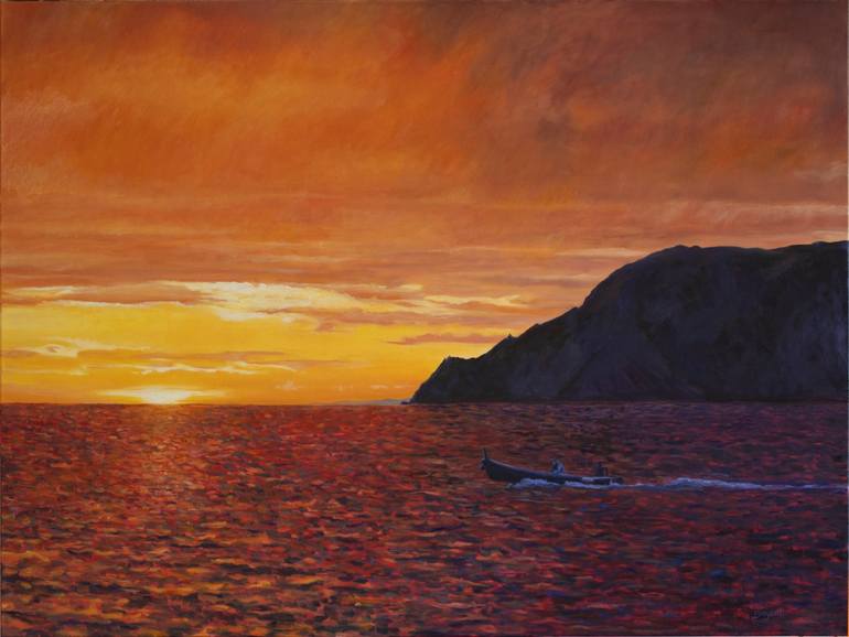 Original Landscape Painting by Sandra Bryant | Realism Art on Canvas | Sunset on the Ligurian Sea